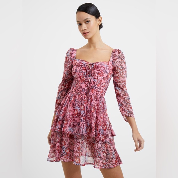 French Connection Fotini Recycled Hallie Tiered Mini Dress in Sea Pink Size 6 US - Picture 2 of 11